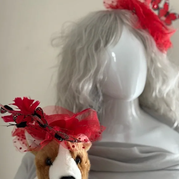 Red Holiday Fascinator Set For Owner and Pet by Crown and Collars.